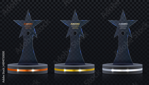 Glass award trophy set. Transparent prize template. Winner first place concept. Vector illustration. Winner glass trophy. First place award, crystal prize and signed acrylic trophies. Glass awarding