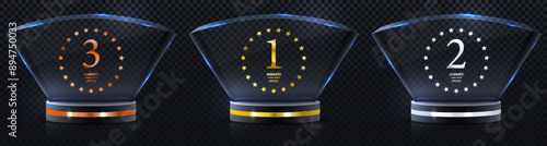 Glass award trophy set. Transparent prize template. Winner first place concept. Vector illustration. Winner glass trophy. First place award, crystal prize and signed acrylic trophies. Glass awarding