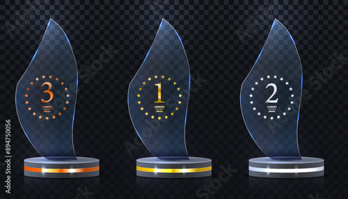 Glass award trophy set. Transparent prize template. Winner first place concept. Vector illustration. Winner glass trophy. First place award, crystal prize and signed acrylic trophies. Glass awarding