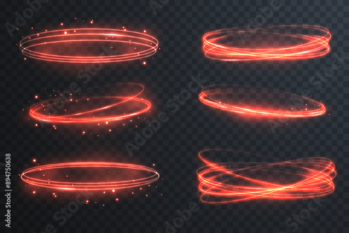 Magical light effect. Rotating luminous ellipses. Dynamic golden rings on black background.