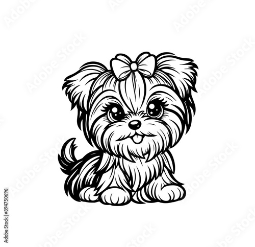 Adorable fluffy Yorkshire puppy with a bow. Cute kawaii dog smiling happily, exuding joy and sweetness. Perfect for coloring books, nursery decorations, pet lover merchandise. Vector illustration.