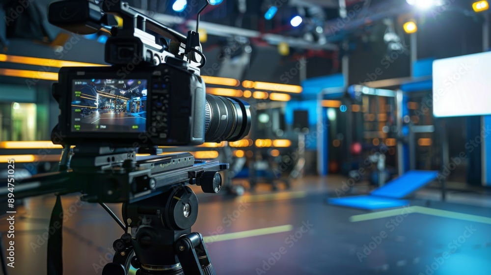 A pro camera on a tripod in a modern gym studio is set to capture an action-packed workout session. Its screen displays a blurred image of the gym equipment, hinting at an energetic atmosphere A pro camera on a tripod in a modern gym studio is set to capture an action-packed workout session. Its screen displays a blurred image of the gym equipment, hinting at an energetic atmosphere