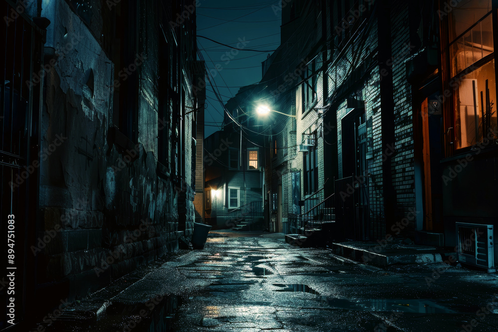 Obraz premium Creepy scary narrow alleyway at night in the city. Scary alley.