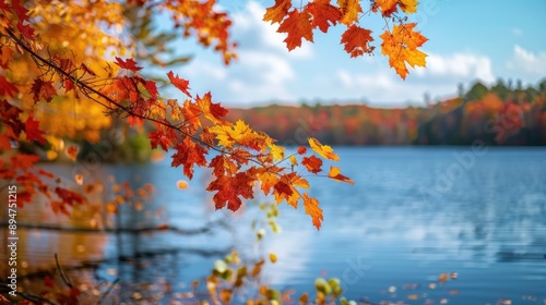 Fototapeta Naklejka Na Ścianę i Meble -  Vibrant fall foliage by the lake up close