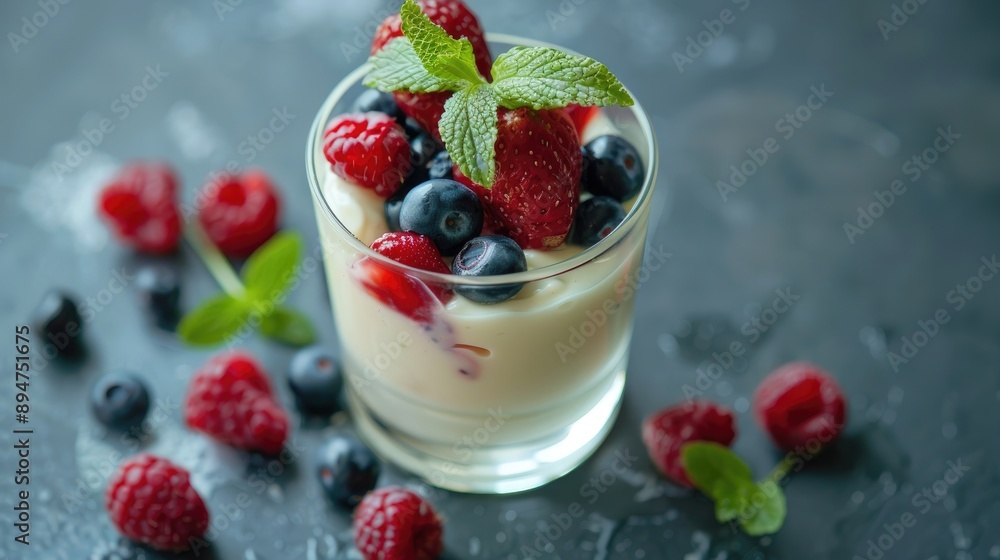 Vegan Vanilla Agar Milk Pudding with Fruit and Fresh Mint in Glass Vegan Vanilla Agar Milk Pudding with Fruit and Fresh Mint in Glass