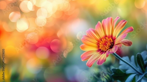 Vibrant flower with yellow red and orange hues and foliage against blurred backdrop