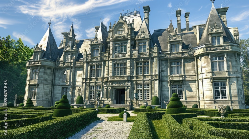 Fototapeta premium An elegant chateau-style mansion with intricate stonework