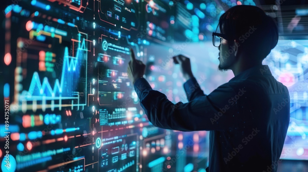 Man Interacting with Futuristic Digital Interface Man Interacting with Futuristic Digital Interface