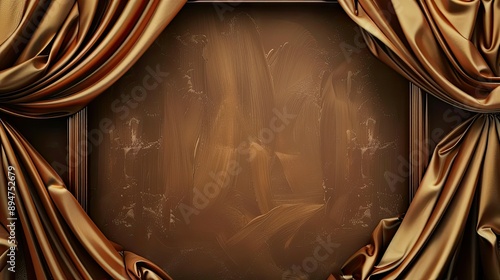 Elegant wooden frame with a silk curtain on a brown backdrop, highlighting sophistication.