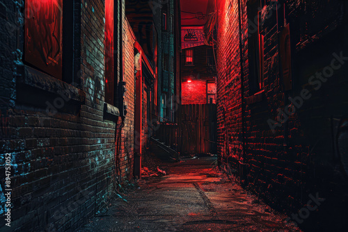 Creepy scary narrow alleyway at night in the city. Scary alley.