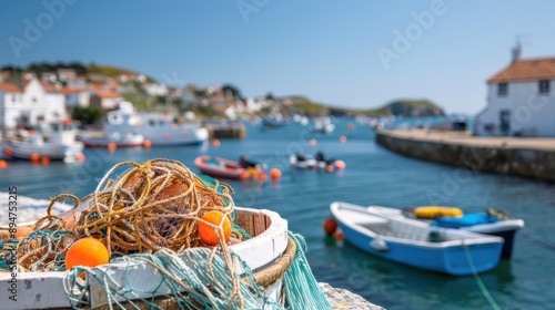 Clear blue skies and sunlight illuminate a coastal village harbor with colorful fishing boats bobbing gently on the waves, surrounded by quaint, whitewashed houses.