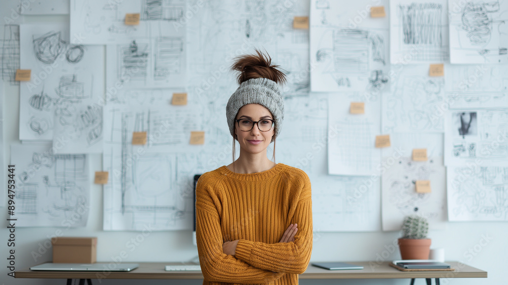 A woman in a yellow sweater stands in front of a wall of drawings A woman in a yellow sweater stands in front of a wall of drawings