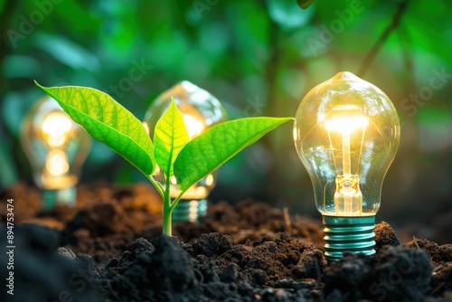 Green Energy Sprout: A vibrant plant seedling rises amidst glowing lightbulbs in rich soil, symbolizing sustainable innovation and eco-conscious energy solutions. 