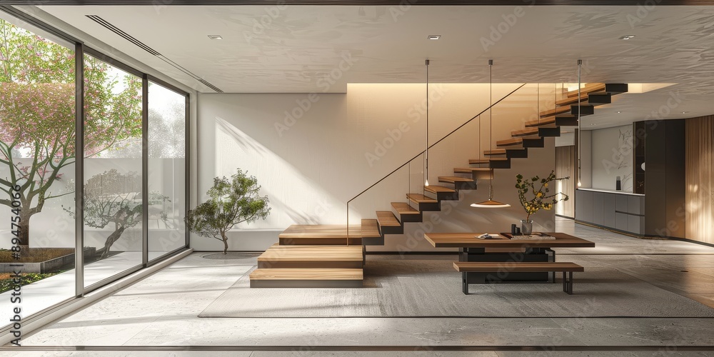 Fototapeta premium Modern interior design with a geometric black and white rug, grey sofa, concrete wall, plants, framed poster, cabinet with books, high-res photo.