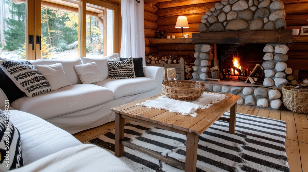 A warm log cabin interior showcasing a stone fireplace and plush white sofas, ideal for relaxation and comfort with natural light streaming in through large windows. A warm log cabin interior showcasing a stone fireplace and plush white sofas, ideal for relaxation and comfort with natural light streaming in through large windows.