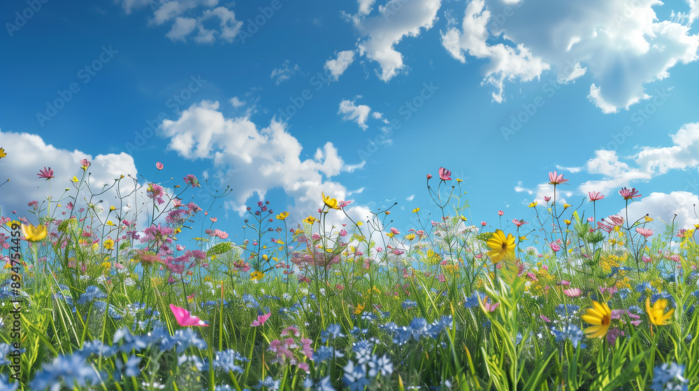 A field of flowers with a blue sky in the background. The sky is dotted with clouds and the sun is shining brightly A field of flowers with a blue sky in the background. The sky is dotted with clouds and the sun is shining brightly