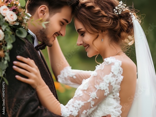 Romantic Wedding Couple Embracing in a Green Garden photo