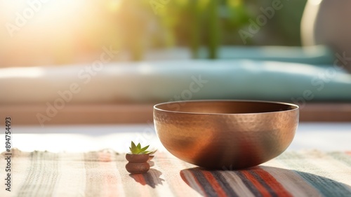 Singing meditation bowl on a yoga mat, ray of sunlight shines on a yoga mat, copy space. photo