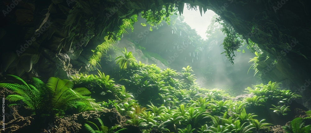 Naturalist exploring diverse flora in a hidden cave entrance Naturalist exploring diverse flora in a hidden cave entrance