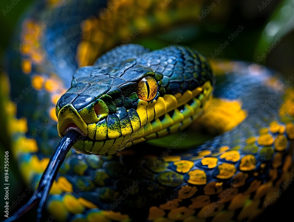 Mesmerizing Coiled Snake with Striking Colors in Tropical Jungle Setting