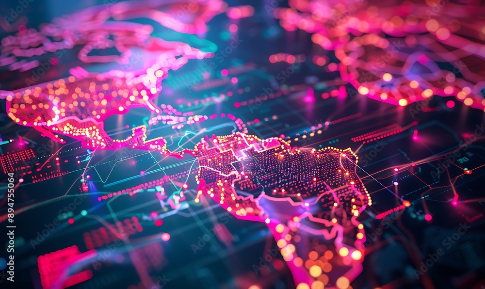 Digital Map of the Americas with Glowing Connections Digital Map of the Americas with Glowing Connections