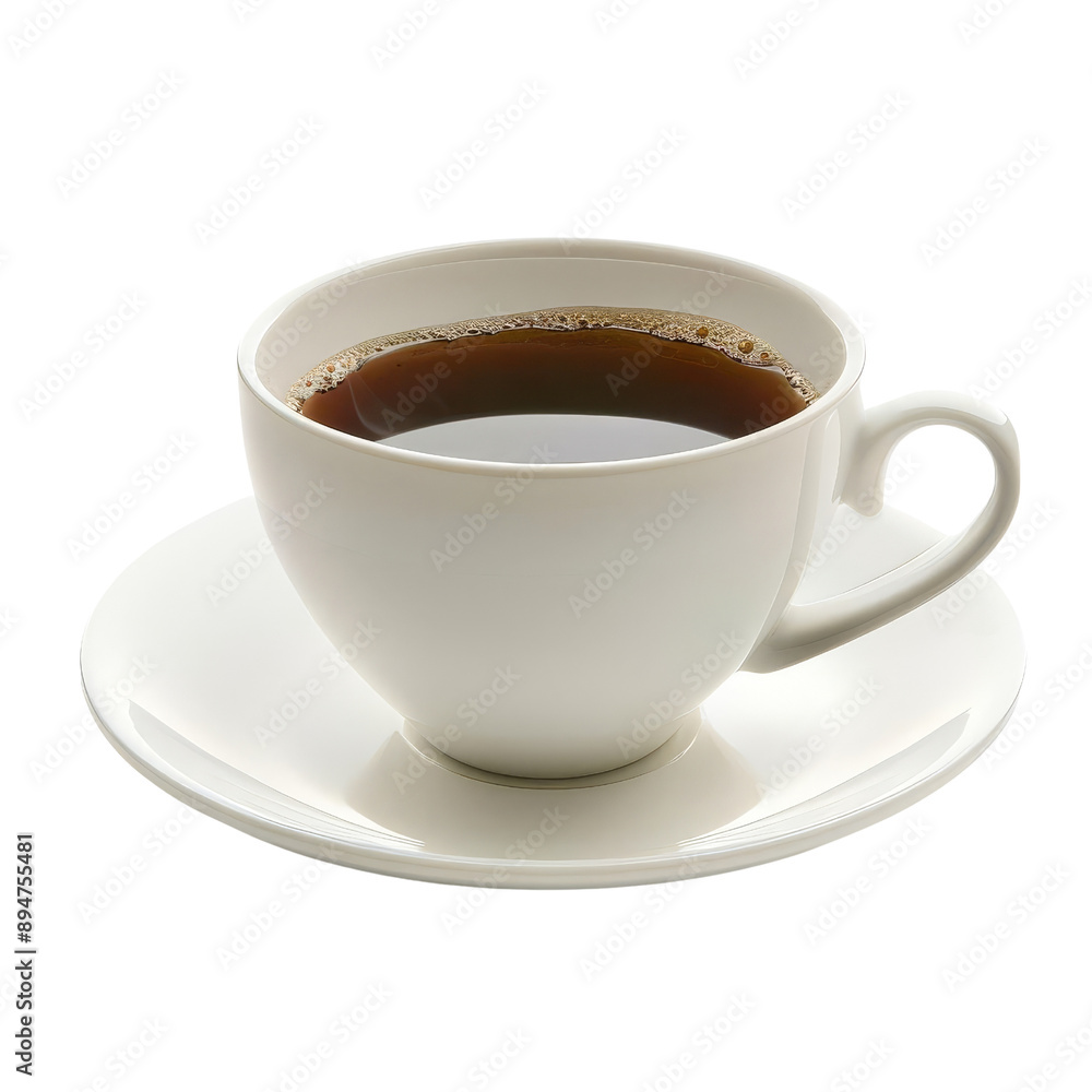 Naklejka premium Elegant white porcelain cup filled with black coffee on matching saucer, perfect for morning coffee, relaxation, or cafe ambiance.