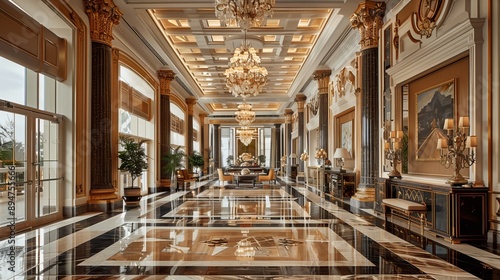 The lobby is expansive, with polished marble floors, glittering chandeliers, and plush velvet furnishings 