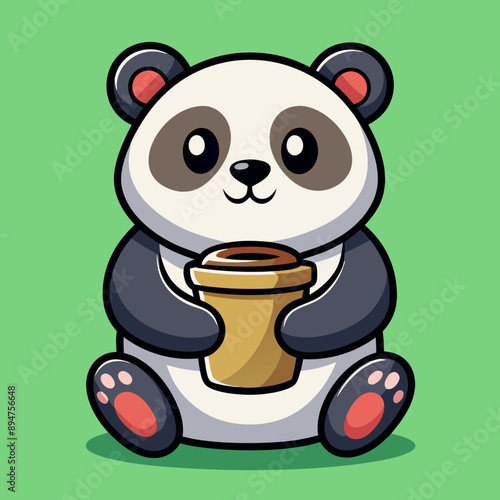 panda hug coffee cartoon vector icon illustrator