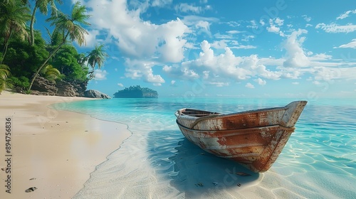 Beautiful tropical beach with clear turquoise water and a wooden boat on a white sand