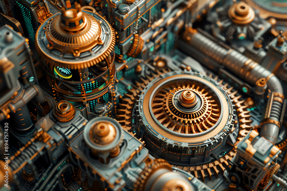 The image is a close-up of a steampunk machine. The machine is made of metal and has many gears, cogs, and other mechanical parts. The image is a close-up of a steampunk machine. The machine is made of metal and has many gears, cogs, and other mechanical parts.