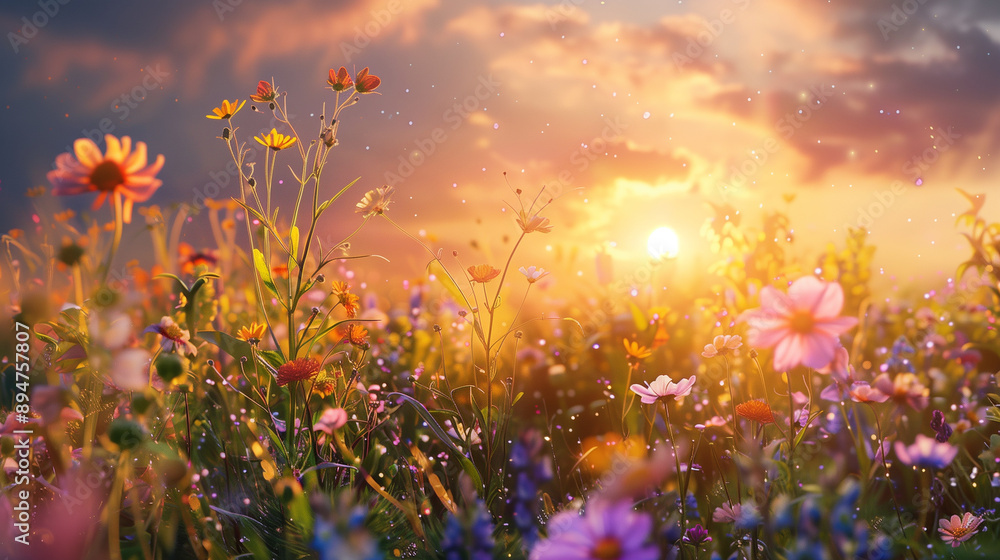 Obraz premium A field of flowers with a bright sun in the background. The sun is shining on the flowers, making them look even more beautiful