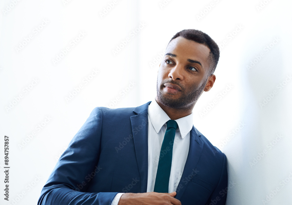 Black businessman, wall or thinking in office with suit, option and investment banking career choice. Ideas, proud broker and African banker in corporate institution with style, plan and decision Black businessman, wall or thinking in office with suit, option and investment banking career choice. Ideas, proud broker and African banker in corporate institution with style, plan and decision