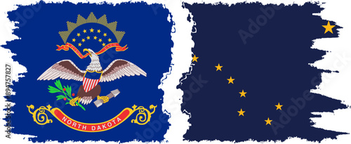 Alaska and North Dakota states grunge brush flags connection, vector