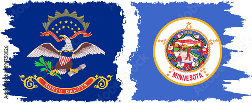 Minnesota and North Dakota states grunge brush flags connection, vector old