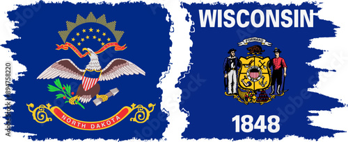 Wisconsin and North Dakota states grunge brush flags connection, vector