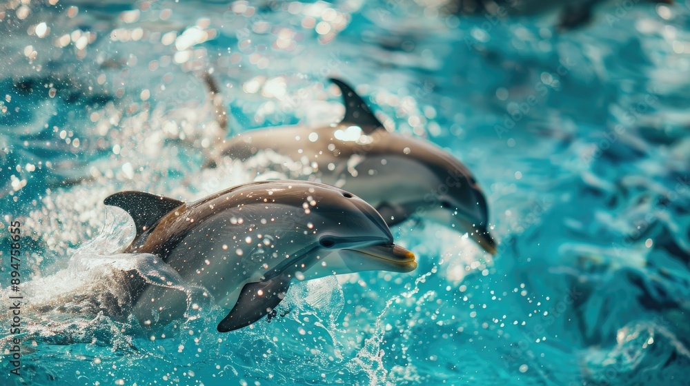 Obraz premium Lively scene of dolphins playing in clear blue water, emphasizing their joyful and playful behavior