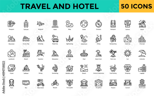 Travel and Hotel icon set with passport, suitcase, airplane, hotel, map, globe, compass, backpack, camera, beach icon. Simple line vector 
