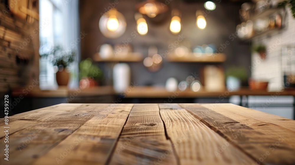 Selective focus on wooden table top with blurred kitchen counter background for showcasing products or designing visual layouts