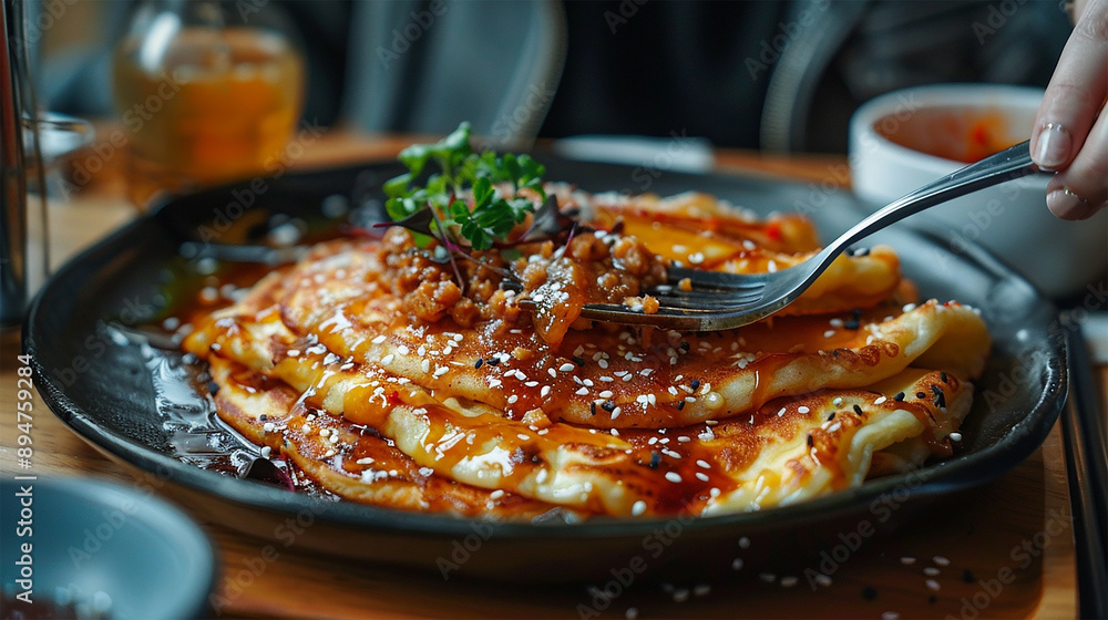 A plate of sweet halal hoddeok, Korean pancakes filled with brown sugar and nuts, A plate of sweet halal hoddeok, Korean pancakes filled with brown sugar and nuts,