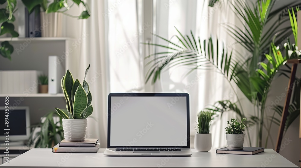 Fototapeta premium Bright modern office interior with laptop computer, houseplants, books and various office supplies on white table