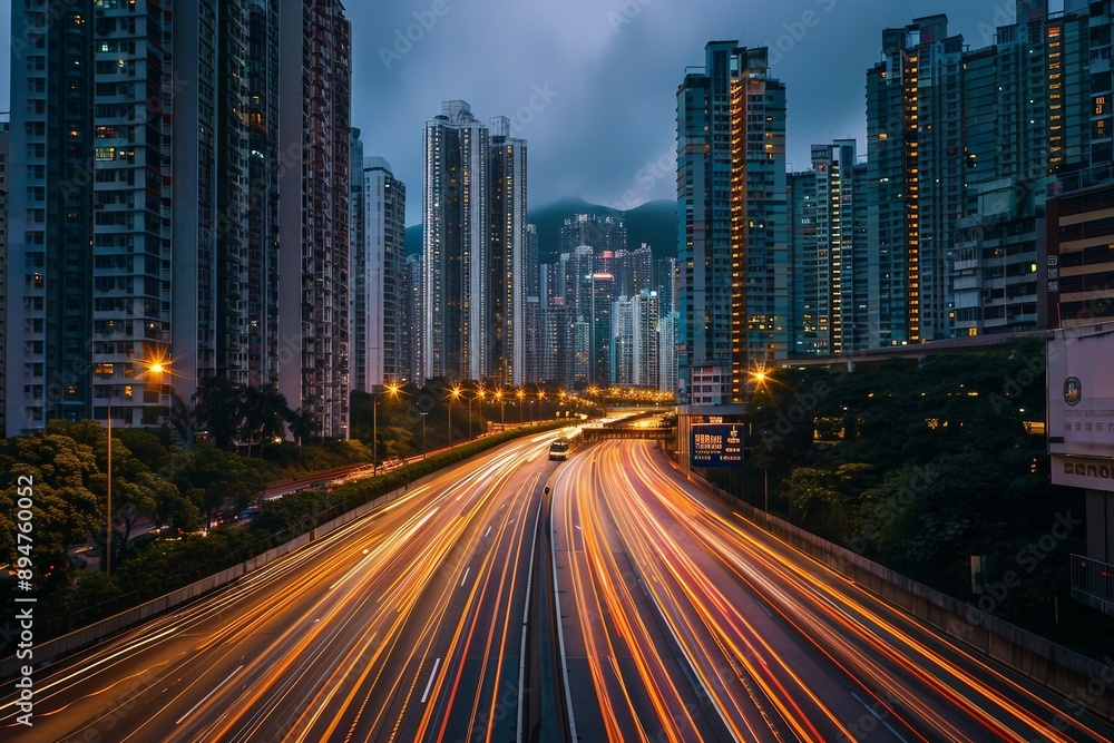 Dynamic Night View of City Traffic with Illuminated Skyscrapers and Light Streaks. Generative AI Dynamic Night View of City Traffic with Illuminated Skyscrapers and Light Streaks. Generative AI