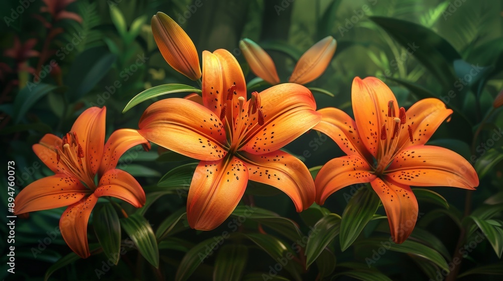 Fototapeta premium Vibrant Flame Lilies in Full Bloom - Detailed Botanical Image with Realistic Depth of Field