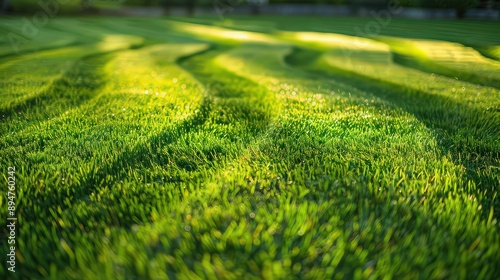 Freshly mowed grass with visible stripes creating a beautiful, well-maintained lawn in a green, outdoor space. photo