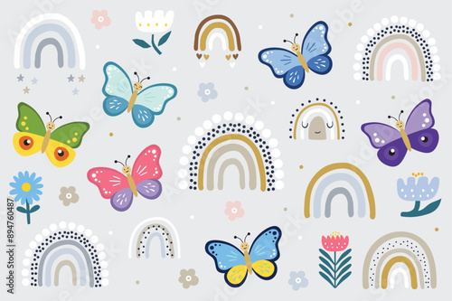 Summer butterfly, flowers, rainbows. Hand drawn cute cartoon summer characters isolated on light background. Color insect clipart. Baby shower design elements. Party invitation, birthday celebration. 