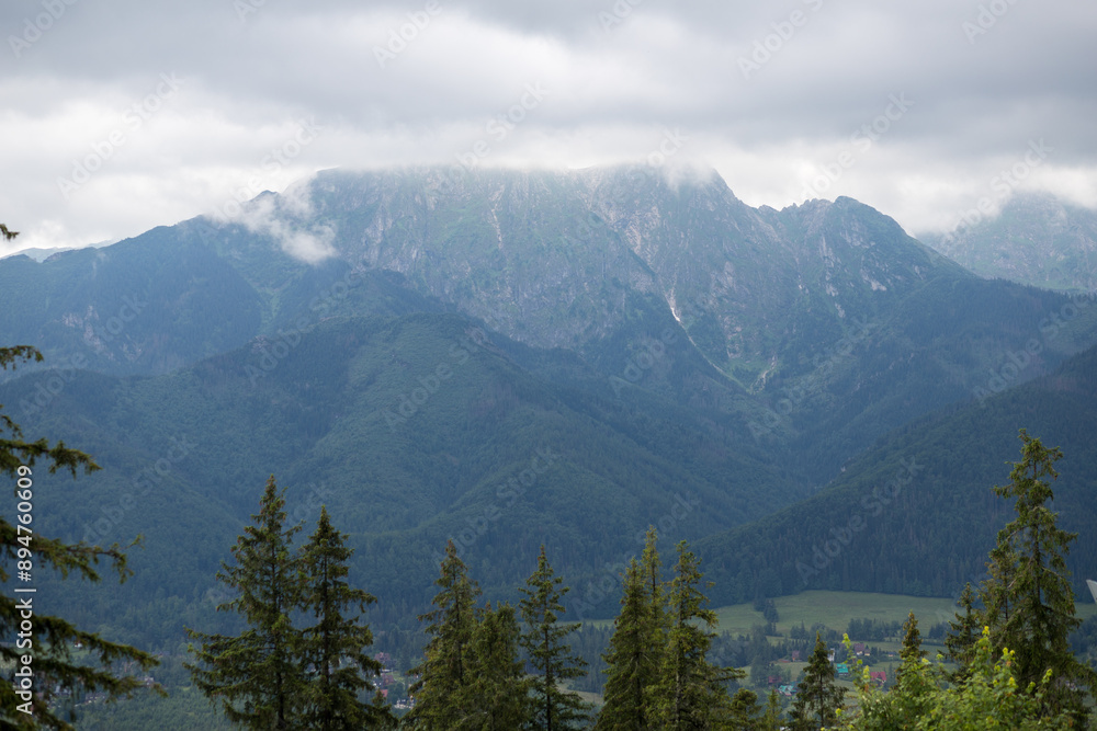 The peaks of the rocky mountains are covered with thick clouds. Blue mountain slopes in the clouds. Mountain panorama from above. Mountain slopes close-up. The peaks of the rocky mountains are covered with thick clouds. Blue mountain slopes in the clouds. Mountain panorama from above. Mountain slopes close-up.