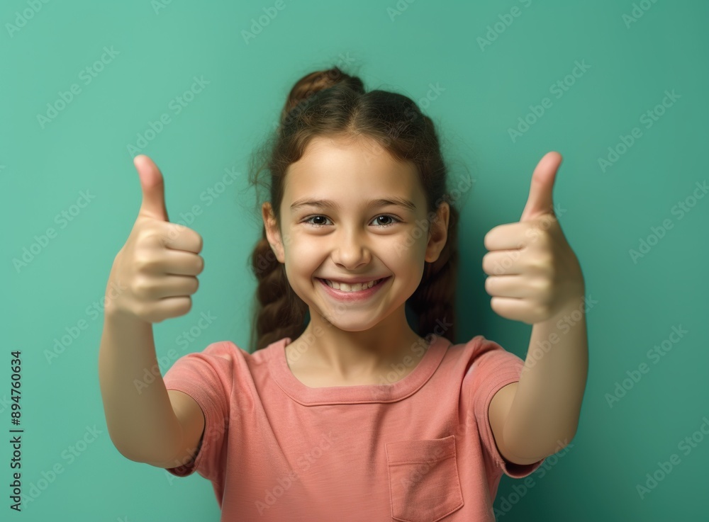 Young little girl smiling with thumbs up and looking at camera over green background. Young little girl smiling with thumbs up and looking at camera over green background.