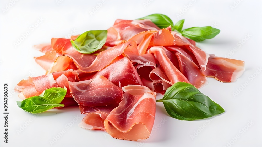 Thinly Sliced Prosciutto Artfully Displayed on Pristine White Background Thinly Sliced Prosciutto Artfully Displayed on Pristine White Background
