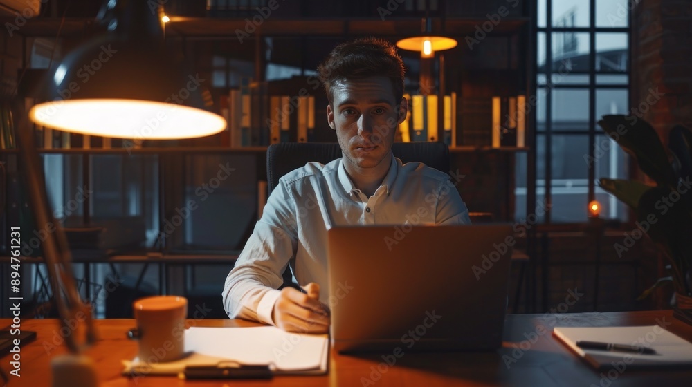 Young man writing at desk with laptop in modern office Young man writing at desk with laptop in modern office