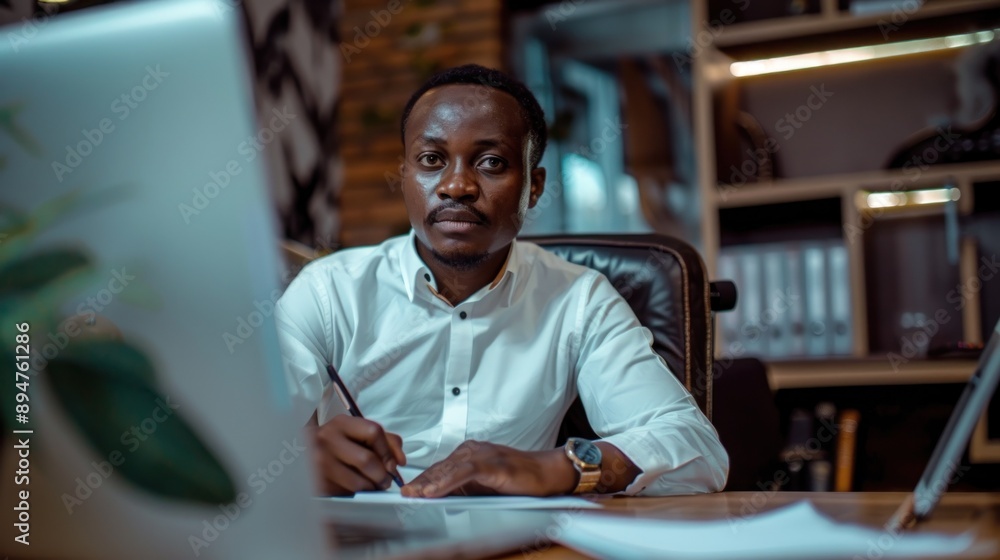 Fototapeta premium Man focusing on work in a cozy office setting.