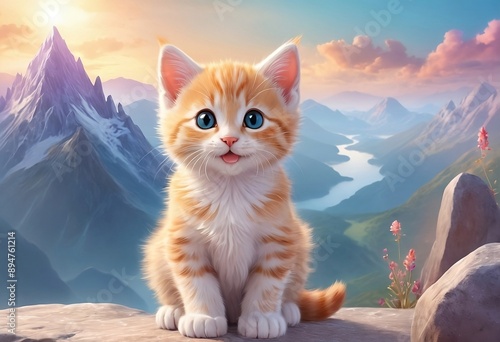 Cute White Kitten in Majestic Mountain Landscape
